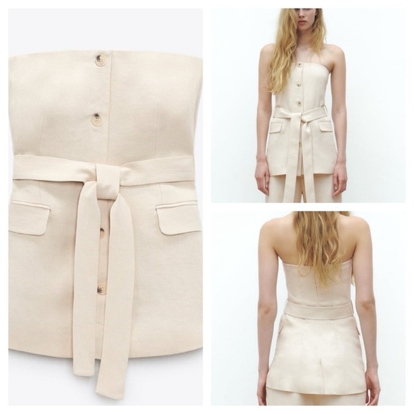Zara Bloggers Favorite Beige Belted Linen Blend  Top size M - Picture 3 of 16